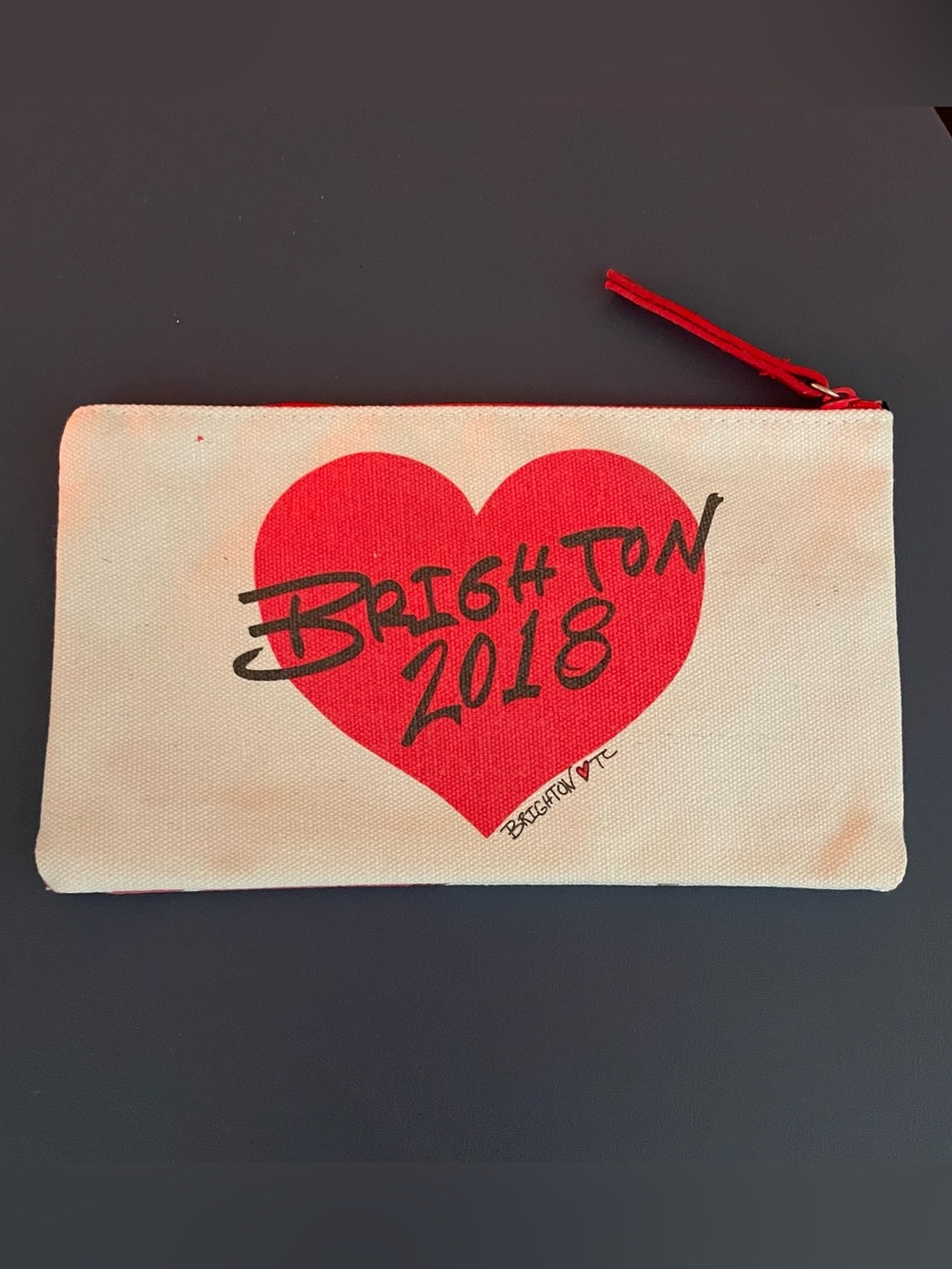 Brighton 2018 Cream Canvas Cosmetic Pouch with Red Heart Graphic